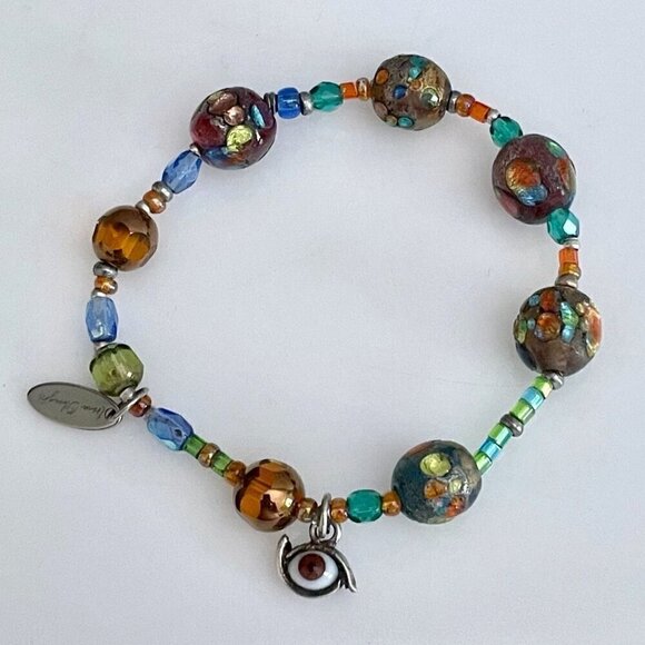 Irma Obregón Sterling Silver Evil Eye Lampwork Bead Handmade Stretch Bracelet OS - Picture 1 of 6